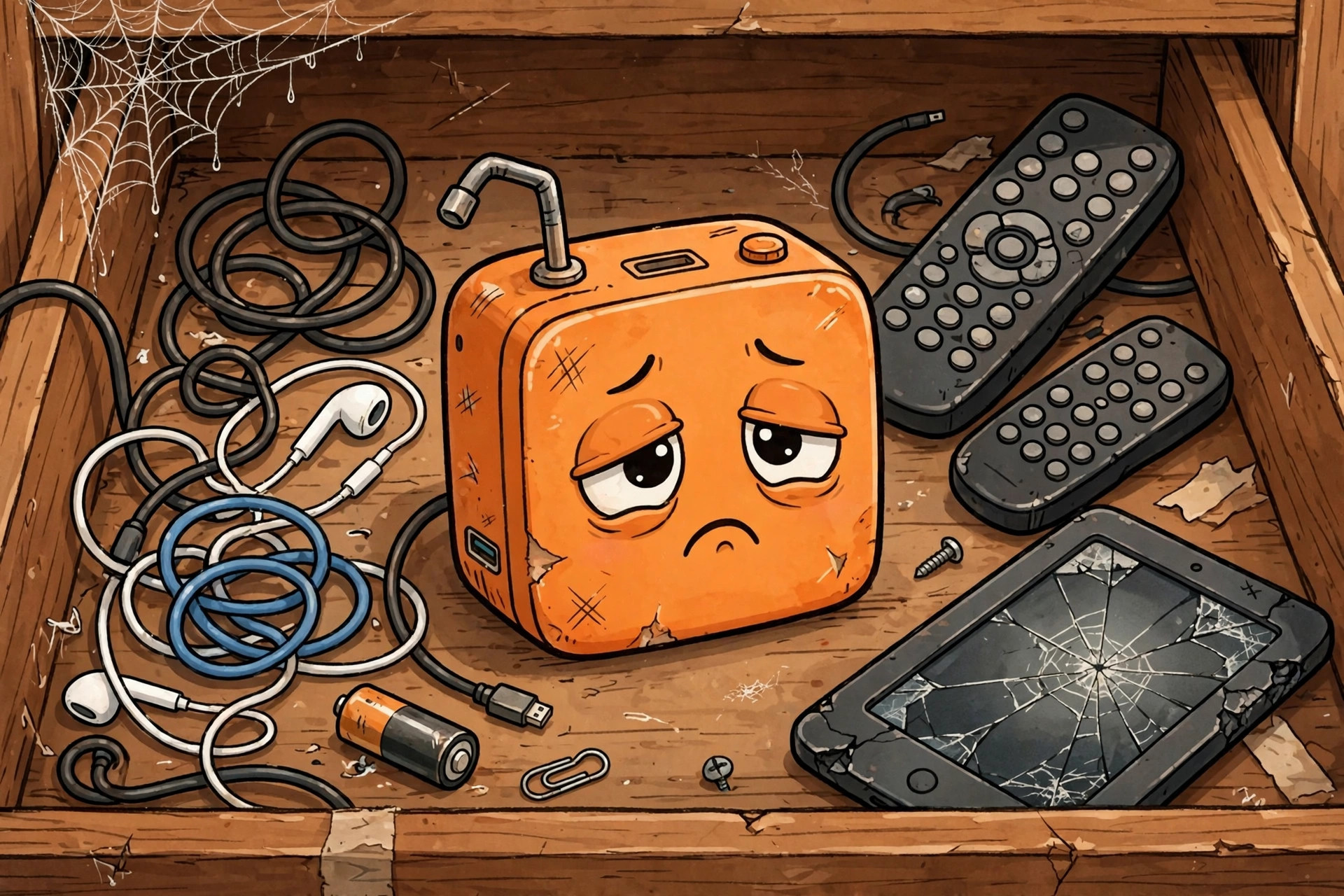 Sad cartoon orange gadget box with droopy eyes sitting in a junk drawer among cables, remotes, and a cracked e-reader