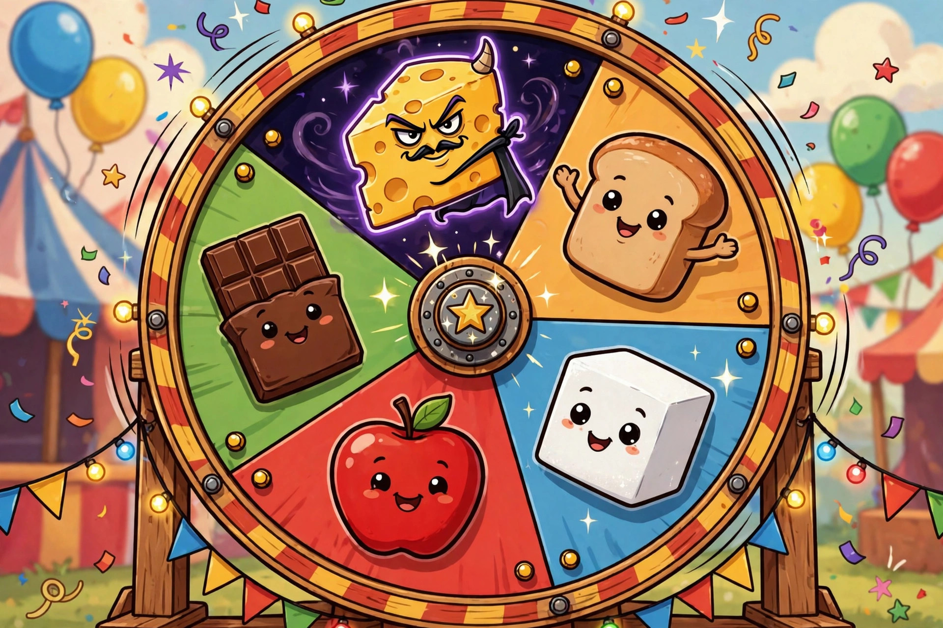 Cartoon carnival prize wheel with food characters; a cheese wedge in devil horns and cape is the highlighted villain